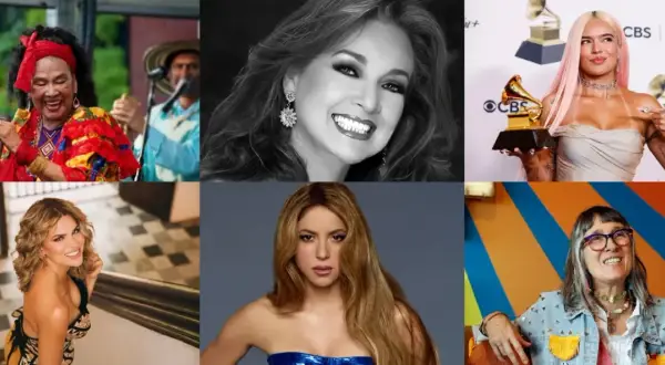 Seis artistas colombianos famosos: Totó la Momposina, Marbelle, Karol G, Greeicy Rendón, Shakira y Andrea Echeverri.