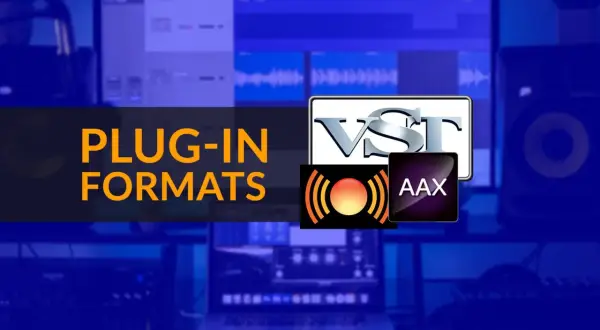 Logos de formatos de plug-in, incluyendo VST, AAX y uno con ondas de sonido. El texto "PLUG-IN FORMATS" aparece en naranja.