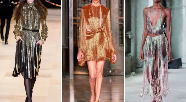 Modelos lucen atuendos brillantes y con flecos, evocando la era dorada de que es la musica disco.