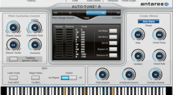 Interfaz de Auto-Tune 8. Muestra cómo funciona el autotune con controles para corrección de tono, vibrato y escala.
