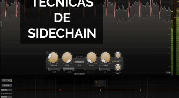 Interfaz de audio mostrando "Técnicas de Sidechain" con controles de compresor y un gráfico de ecualización.