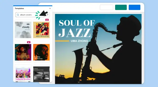 Plantilla de portada de música fácil: un saxofonista en silueta contra un atardecer.
