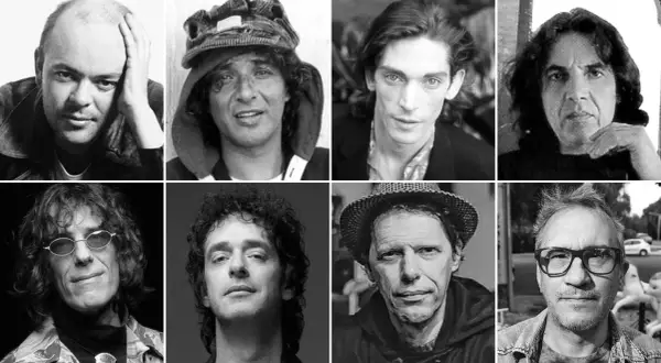 Ocho cantantes argentinos de los 90: Charly García, Pescado, Fito Páez, Luis Alberto Spinetta, Gustavo Cerati, Andrés Calamaro, Pappo y Vicentico.