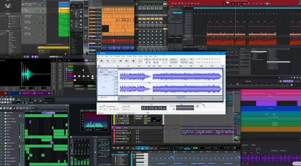 Múltiples programas de producción musical abiertos, mostrando pistas, efectos y formas de onda. Un vistazo al proceso creativo detrás de los proyectos musicales.