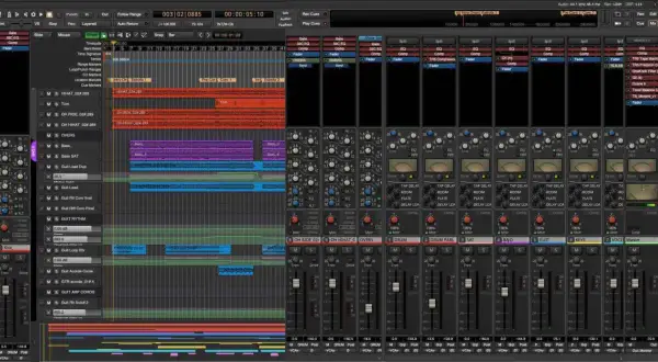 Interfaz de software para programas para hacer música electrónica, mostrando pistas de audio, faders y efectos.