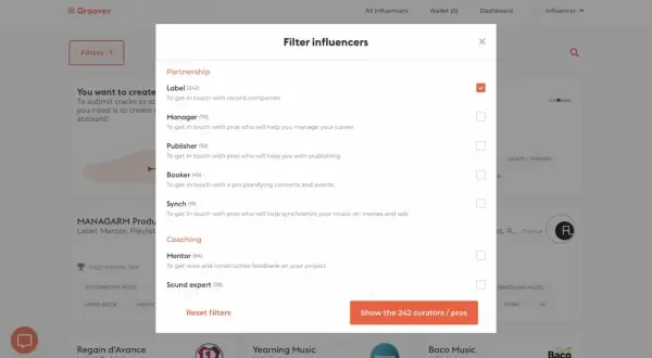 Filtro de influencers para contactar con un sello discográfico y otros profesionales.