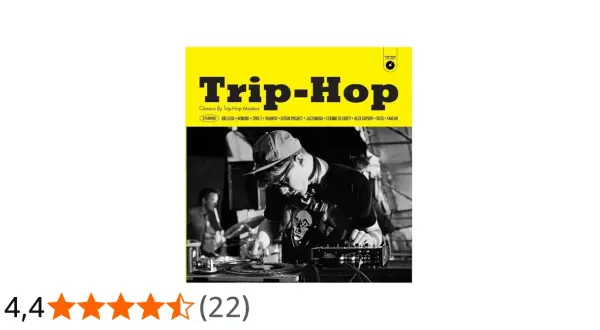 DJ mezclando vinilos, portada de álbum "Trip-Hop Classics By Trip-Hop Masters" con nombres de grupos como Bonobo y Gotan Project.