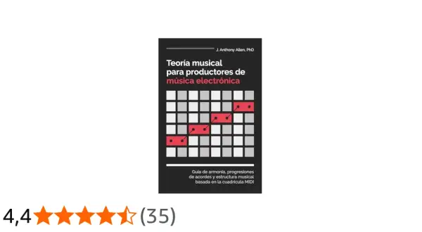 Libro "Teoría musical para productores de música electrónica", con una cuadrícula MIDI y una línea de notas rojas. Explora los tipos de música electrónica.