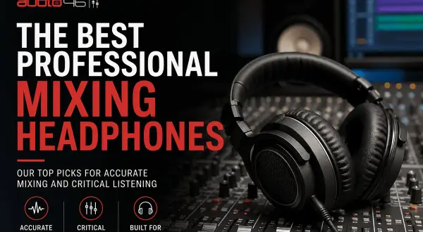 Auriculares para mezclar profesionales en una mesa de mezclas, destacando sonido preciso y detalle crítico.