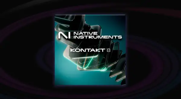El logo de Native Instruments con el texto "KONTAKT 8" sobre formas abstractas de cristal y un fondo oscuro con anillos morados.
