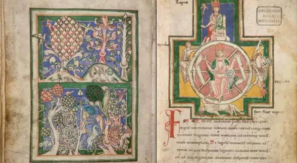 Manuscrito medieval con ilustraciones vibrantes. La página izquierda muestra flora y fauna fantásticas. La derecha, la Rueda de la Fortuna, clave para el significado de Carmina Burana.