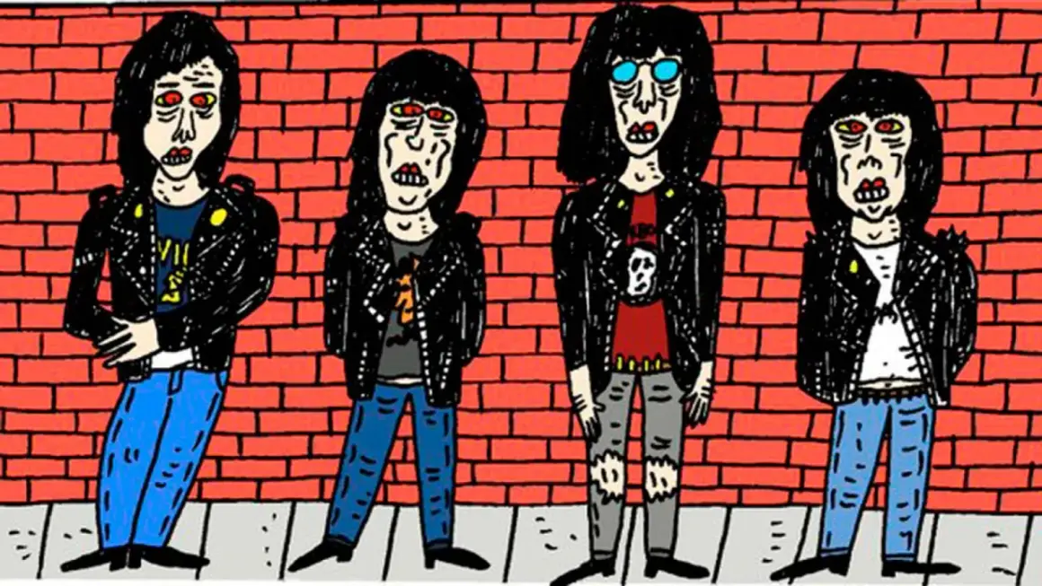 Cuatro figuras con chaquetas de cuero y pelo negro, un ícono del origen del punk, posan frente a un muro de ladrillos rojos.