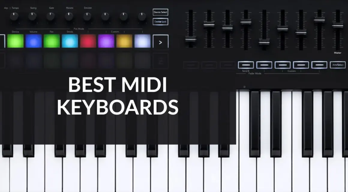 Teclado MIDI con pads luminosos y faders, ideal para tu software de producción musical.