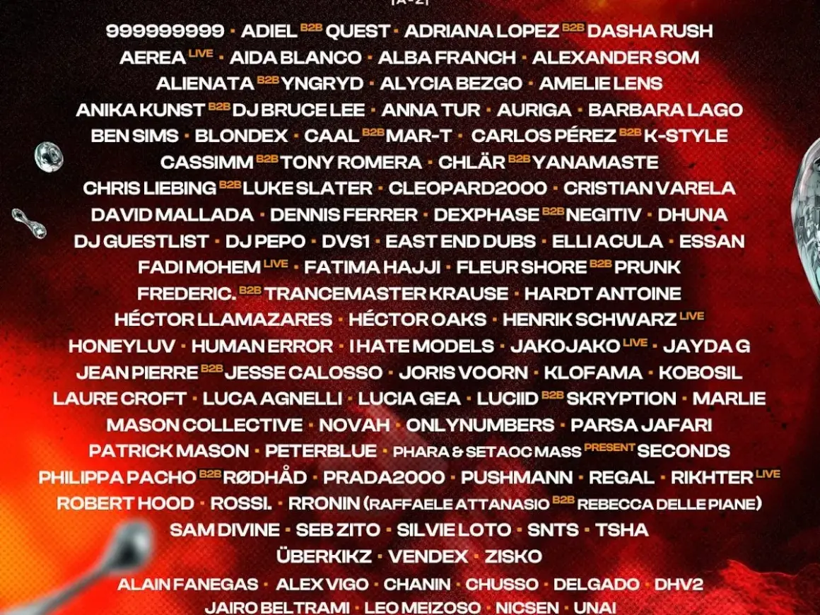 Cartel de artistas con nombres de DJs y fechas de Aquasella.