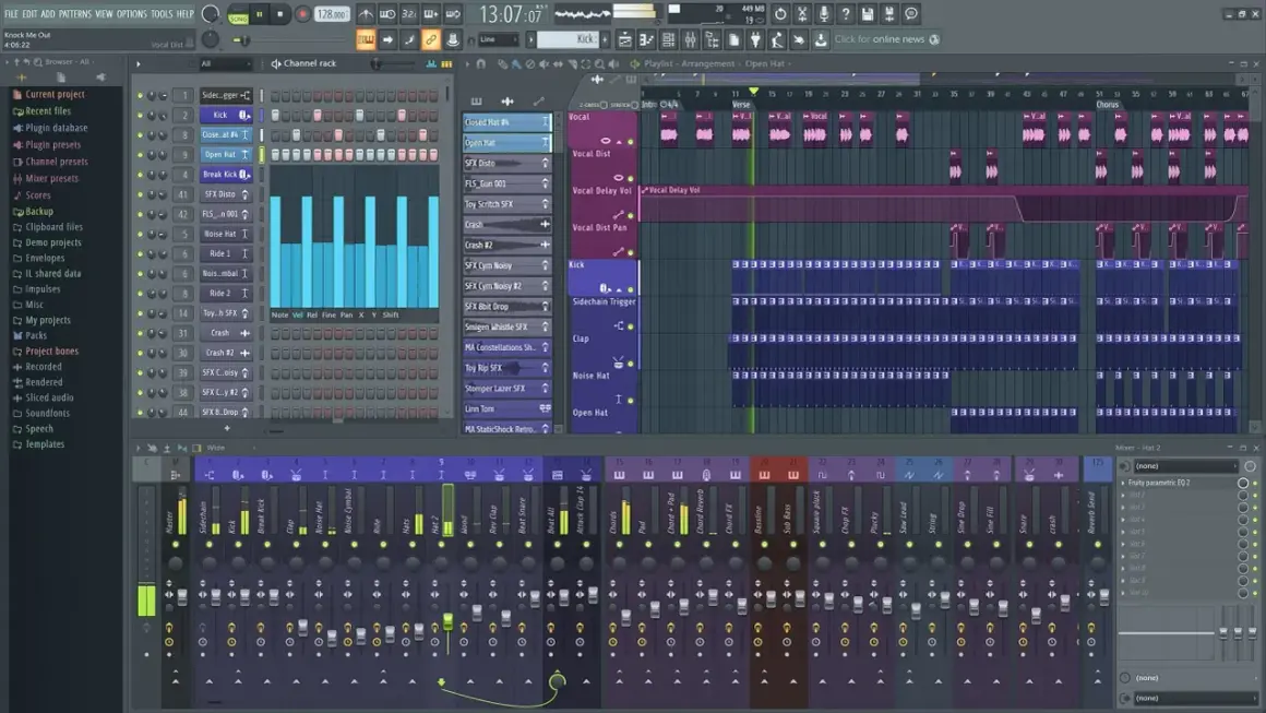Interfaz de Fl Studio con pistas de audio y MIDI, mostrando cómo organizar un proyecto musical. Ideal para quienes buscan plugins Fl Studio gratis.