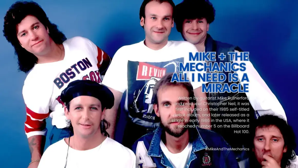 Miembros de Mike + The Mechanics posan para una foto promocional. El texto destaca su éxito "All I Need Is a Miracle".