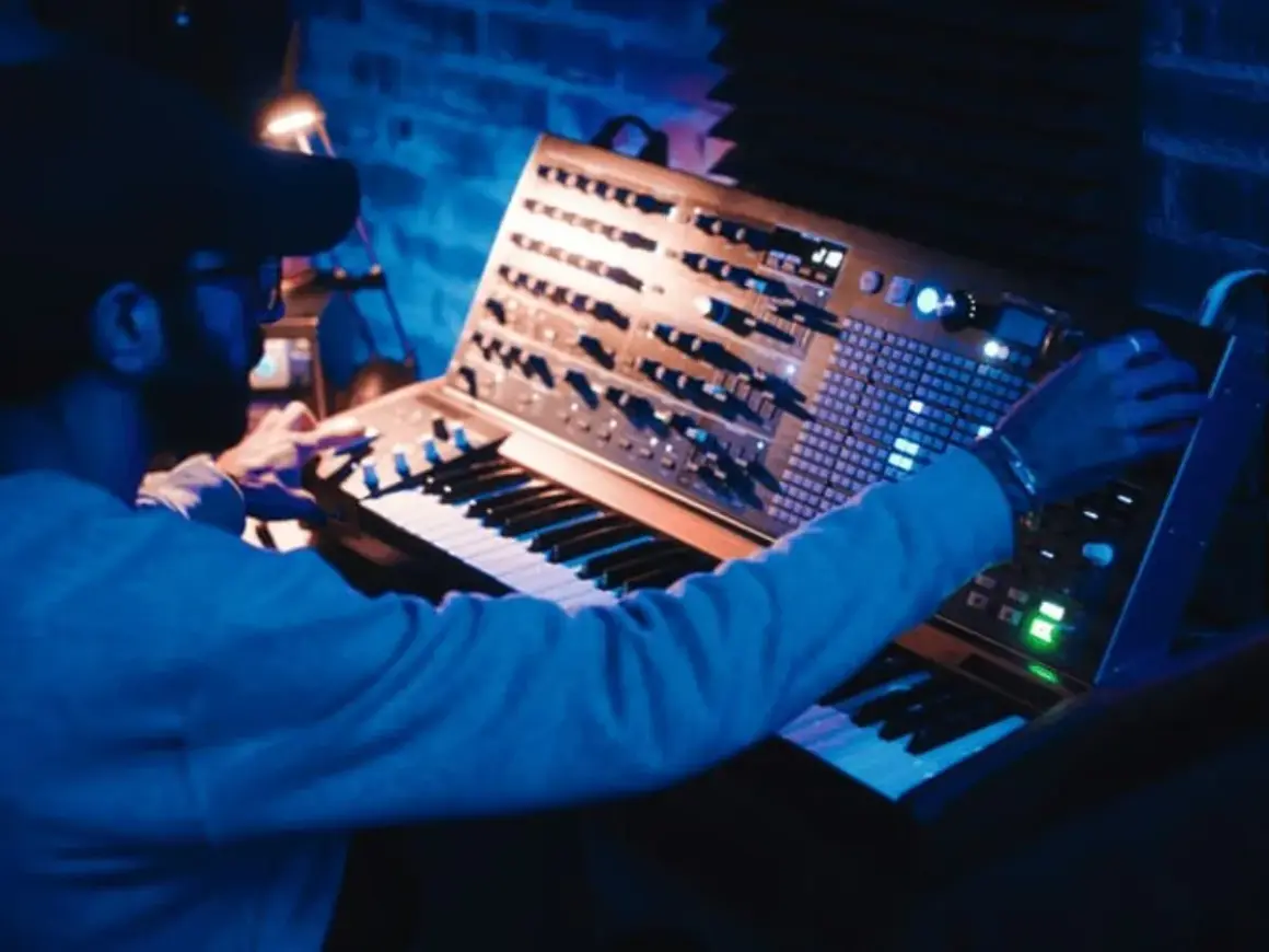 Hombre creando una compleja estructura de música electrónica en un sintetizador modular.