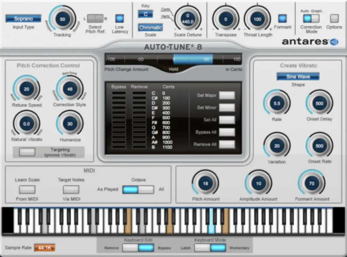Interfaz de Auto-Tune 8. Muestra cómo funciona el autotune con controles para corrección de tono, vibrato y escala.