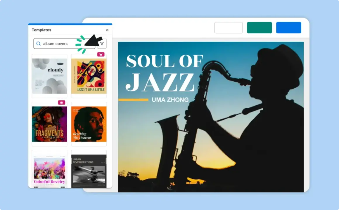 Plantilla de portada de música fácil: un saxofonista en silueta contra un atardecer.