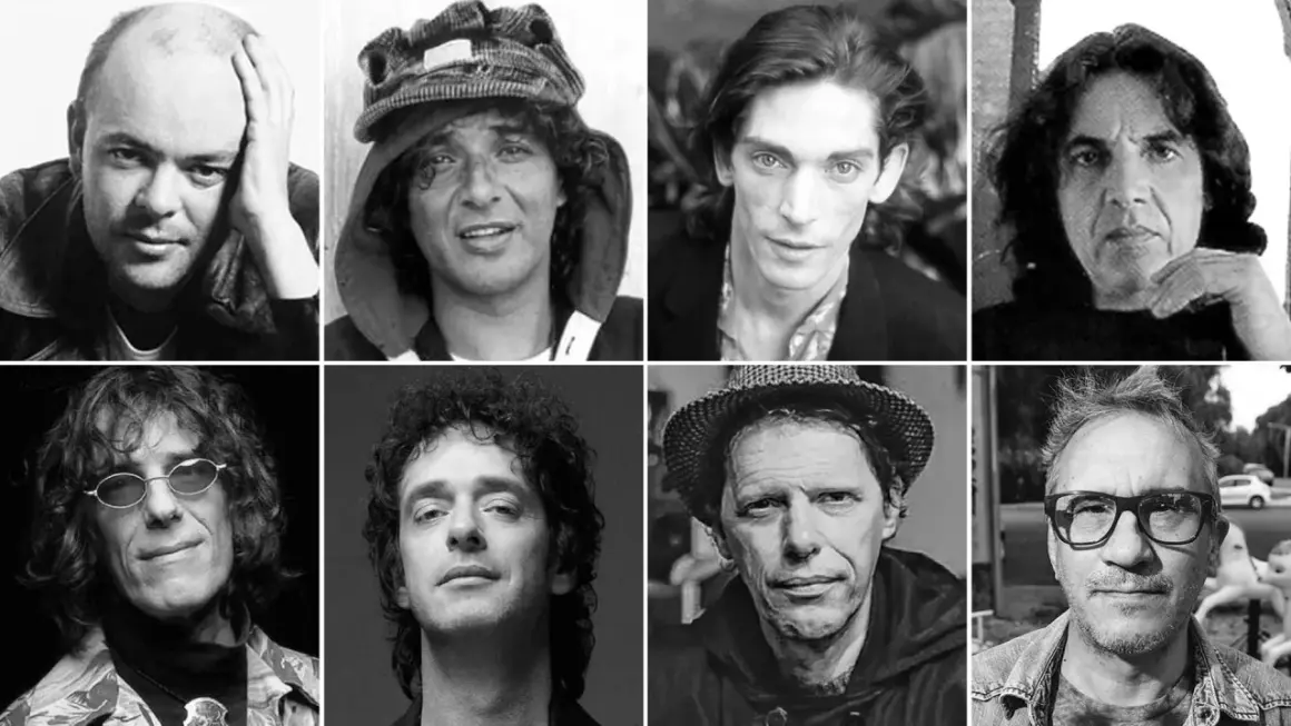Ocho cantantes argentinos de los 90: Charly García, Pescado, Fito Páez, Luis Alberto Spinetta, Gustavo Cerati, Andrés Calamaro, Pappo y Vicentico.
