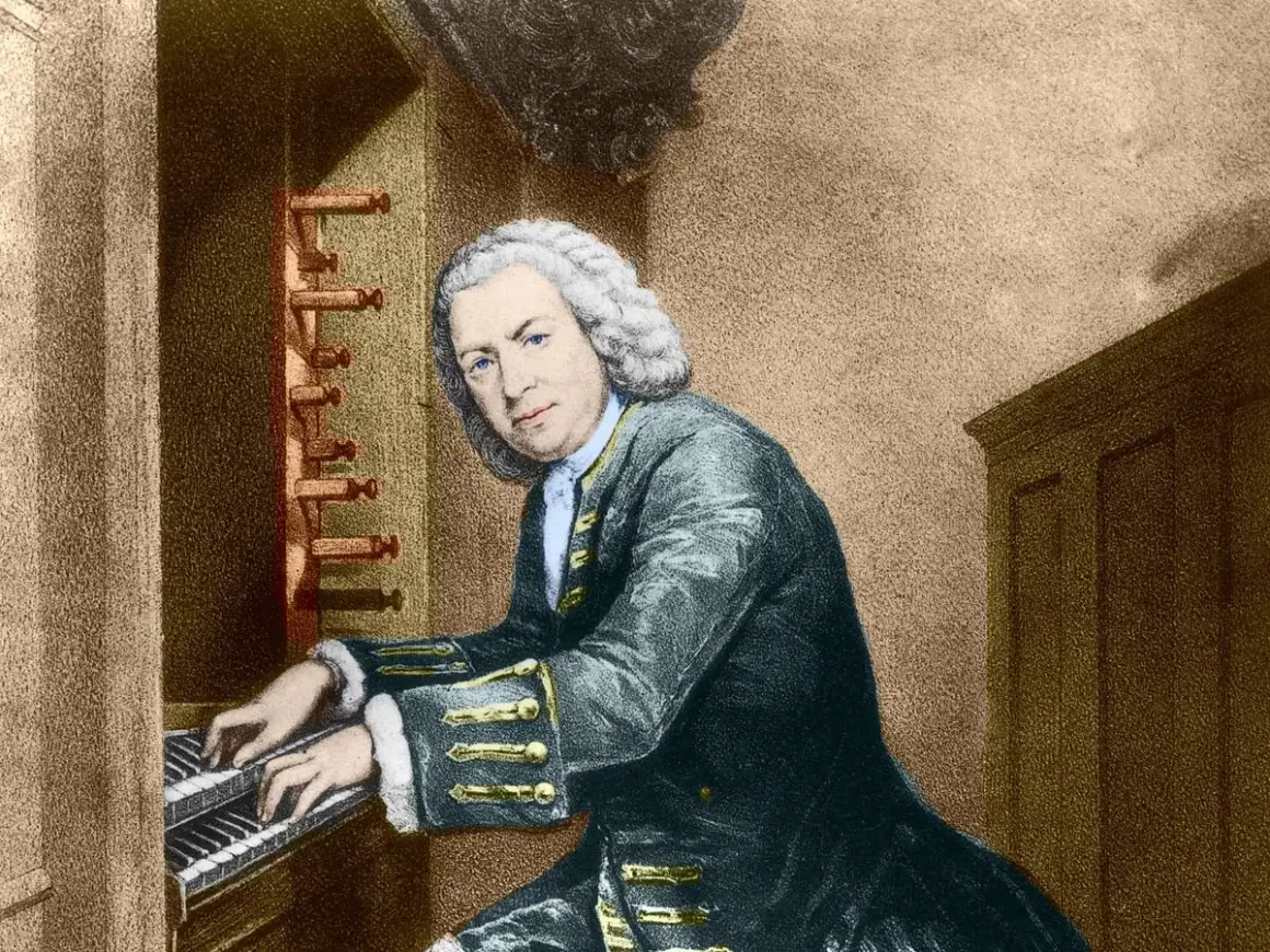 Johann Sebastian Bach, tocando el órgano, quizás componiendo su obra más famosa de Bach.