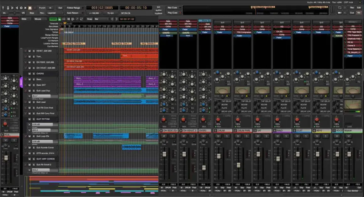 Interfaz de software para programas para hacer música electrónica, mostrando pistas de audio, faders y efectos.