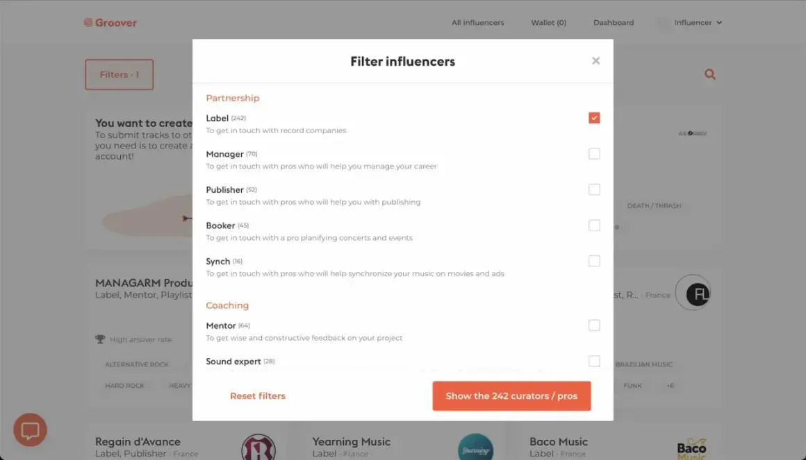 Filtro de influencers para contactar con un sello discográfico y otros profesionales.