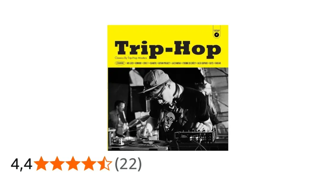 DJ mezclando vinilos, portada de álbum "Trip-Hop Classics By Trip-Hop Masters" con nombres de grupos como Bonobo y Gotan Project.