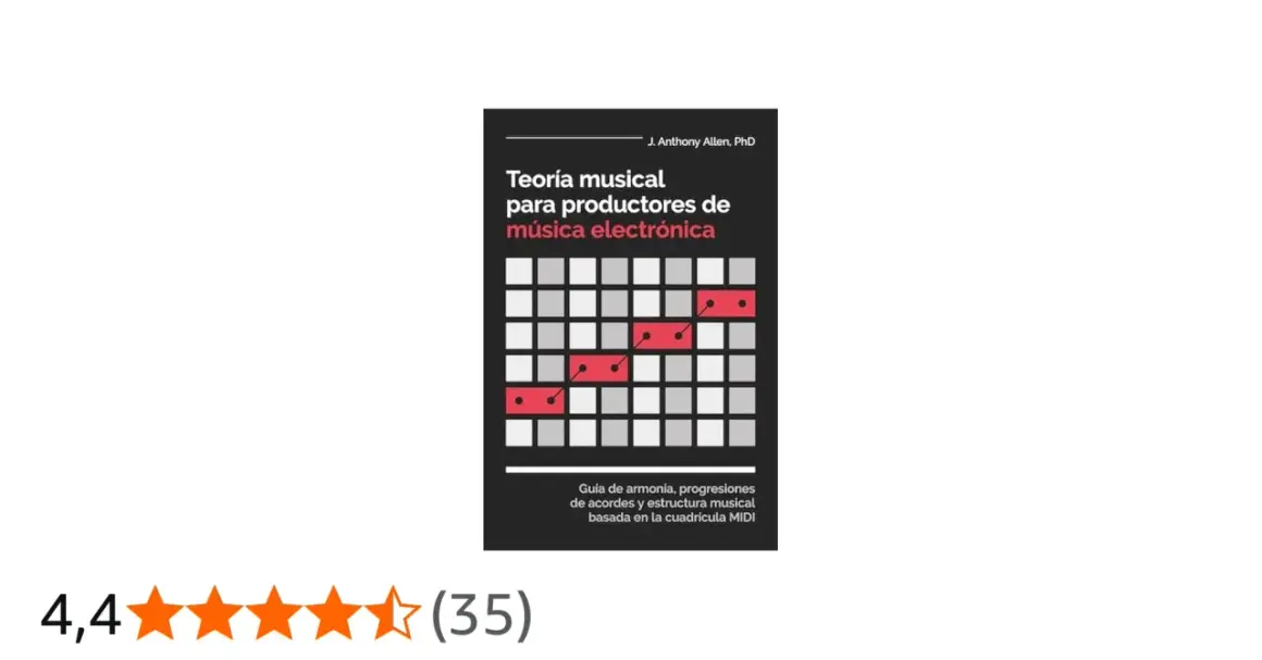 Libro "Teoría musical para productores de música electrónica", con una cuadrícula MIDI y una línea de notas rojas. Explora los tipos de música electrónica.