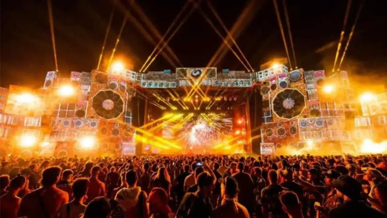 Multitud disfrutando de espectaculares fiestas de electronica con luces y sonido envolvente en un escenario masivo.