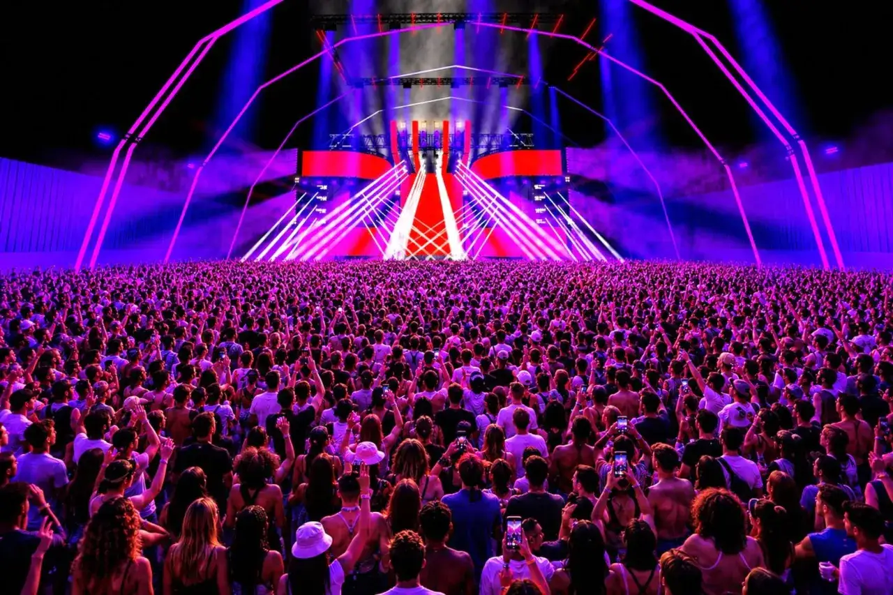 Multitud vibrante en un concierto, luces láser moradas y azules crean un nexus fabrik de energía.