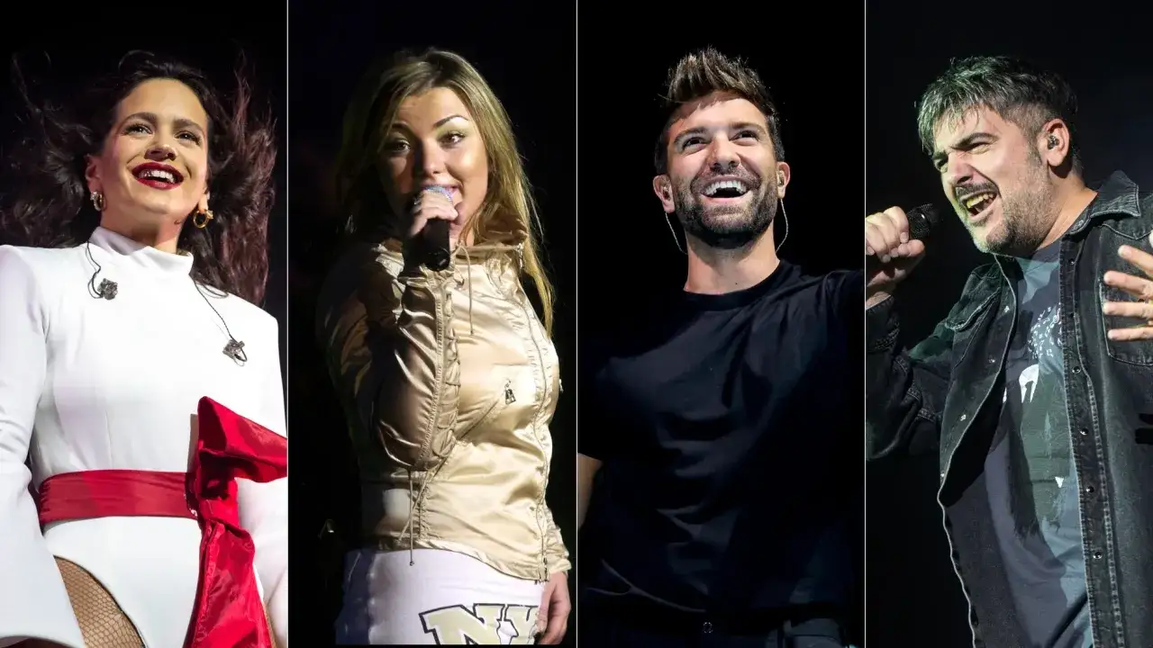 Cuatro cantantes españoles: Rosalía, Aitana, Pablo Alborán y Dani Martín, en concierto.