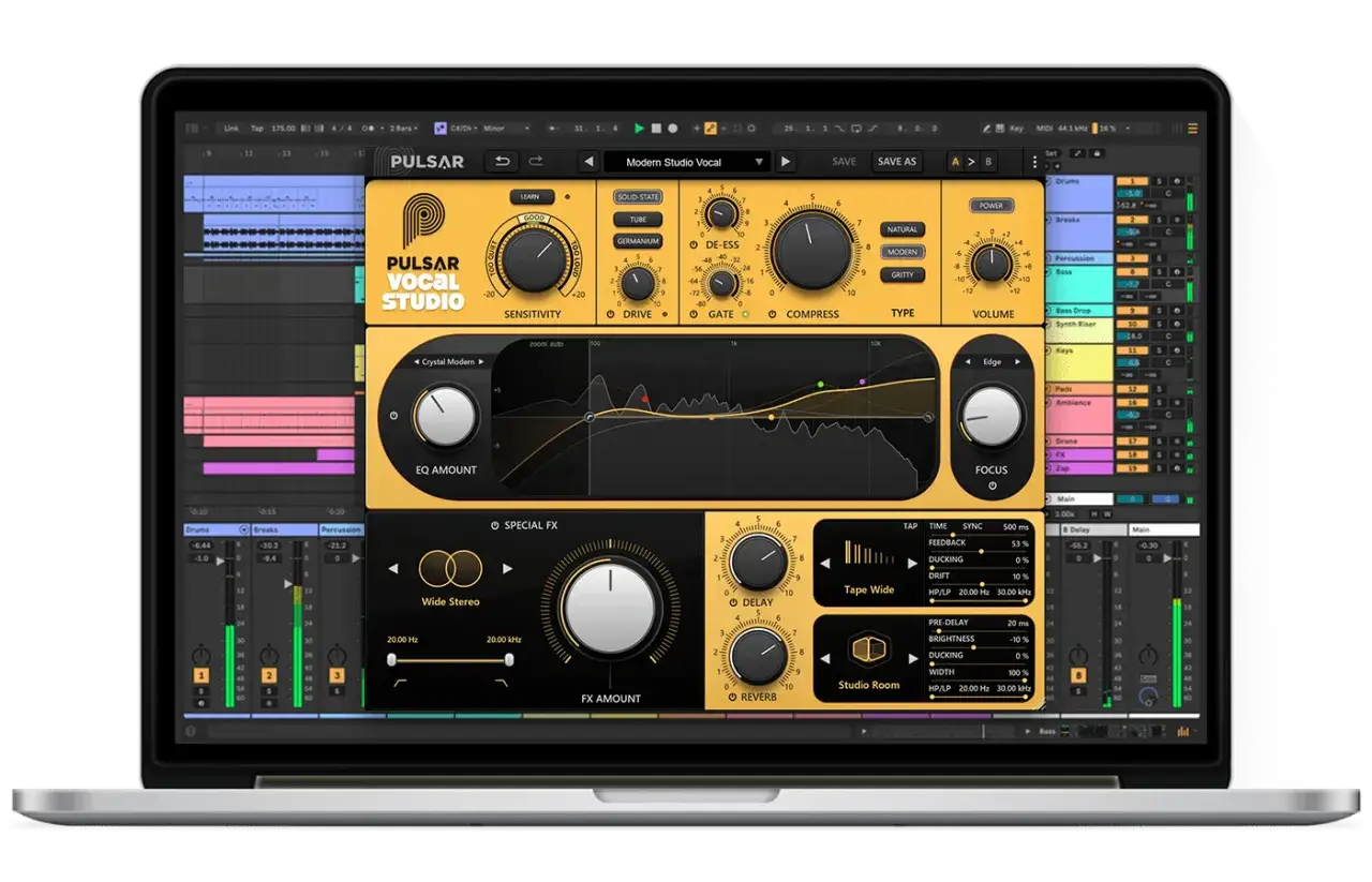 Interfaz de software de audio mostrando controles para ajustar c&oacute;mo funciona el autotune, con ecualizador, delay y reverb.