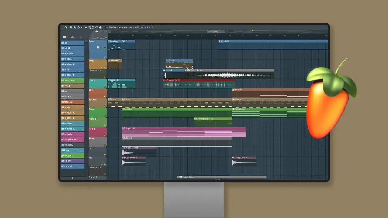 Pantalla de FL Studio mostrando pistas de audio y MIDI, con el logo de la fruta. Ideal para buscar plugins fl studio gratis y crear m&uacute;sica.