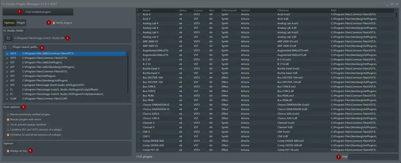 Lista de plugins de FL Studio, incluyendo los mejores plugins VST3 y VST de Arturia, con opciones para escanear y verificar.
