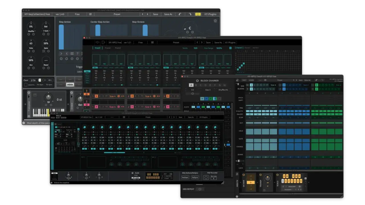 Interfaz de software musical, mostrando varios VSTs de secuenciadores y sintetizadores, con controles y patrones.