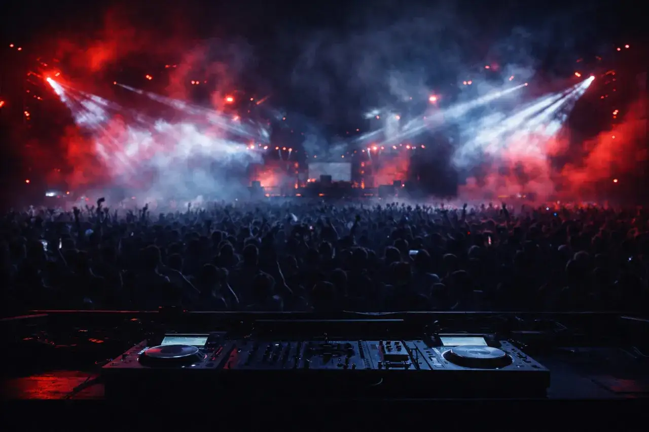 Plataforma de DJ lista para los hard techno djs. Multitud en &eacute;xtasis bajo luces rojas y azules.