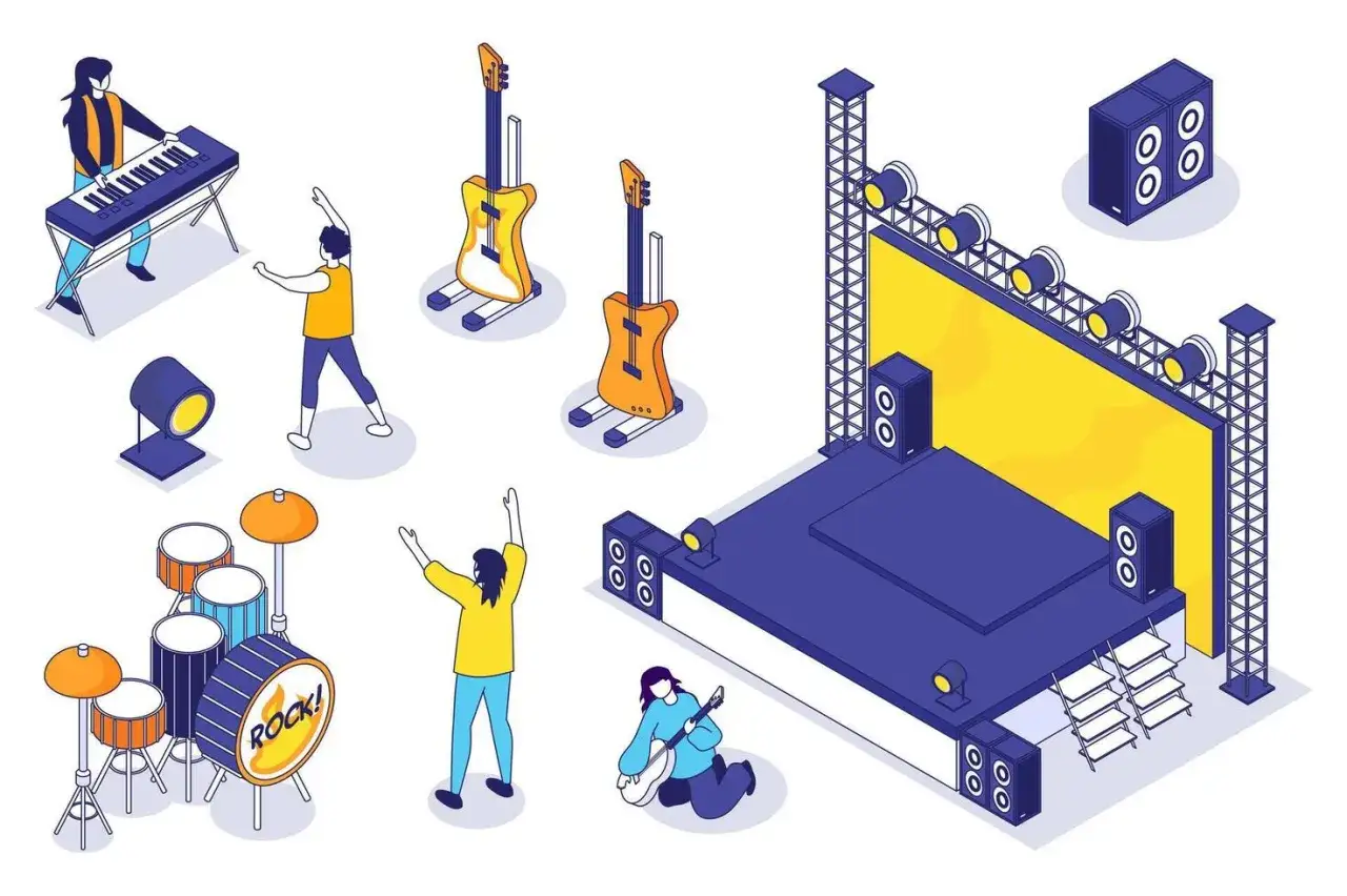 Plano de escenario musical con m&uacute;sicos, guitarras, bater&iacute;a y luces, listo para un concierto de rock.