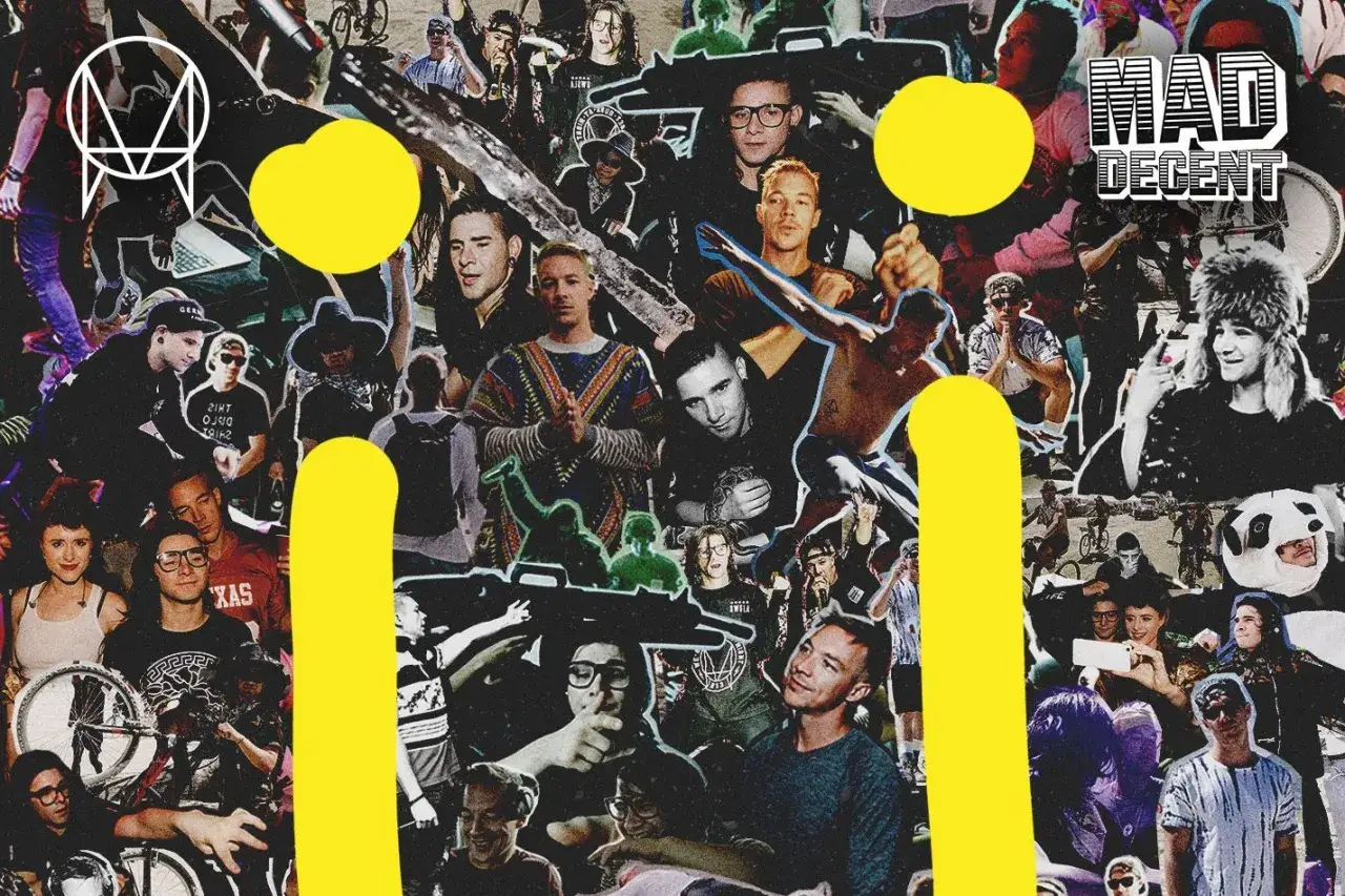 Montaje de collage con gente en un concierto, incluyendo a Jack U. y el logo de Mad Decent.