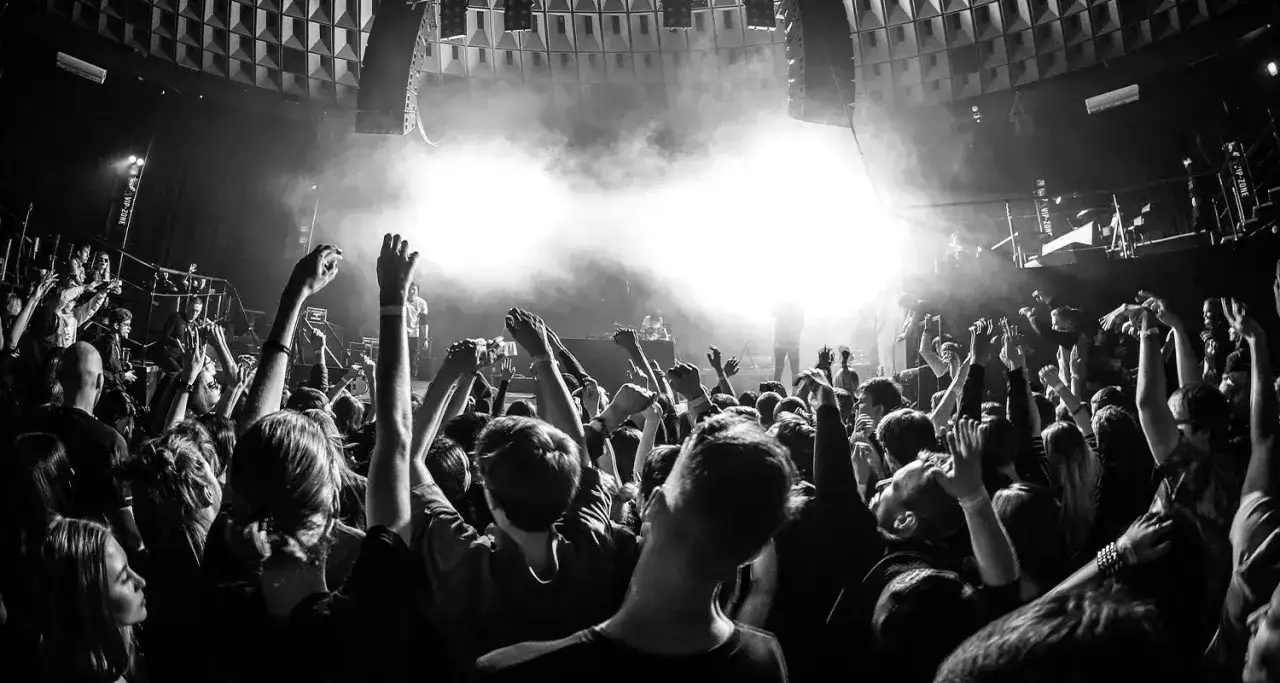 Multitud en éxtasis bailando al ritmo de la música house 2000, con brazos en alto y humo en el escenario.