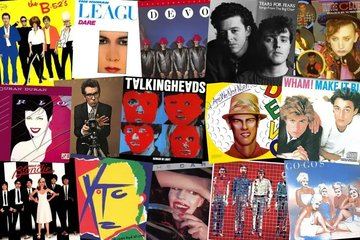 Collage de portadas de discos de los 80: The B-52's, The Human League, Devo, Duran Duran, Elvis Costello, Talking Heads, Tears for Fears, Culture Club, Blondie, XTC, The Cars, Wham!, Go-Go's. ¡Un viaje por los grupos new age 80!
