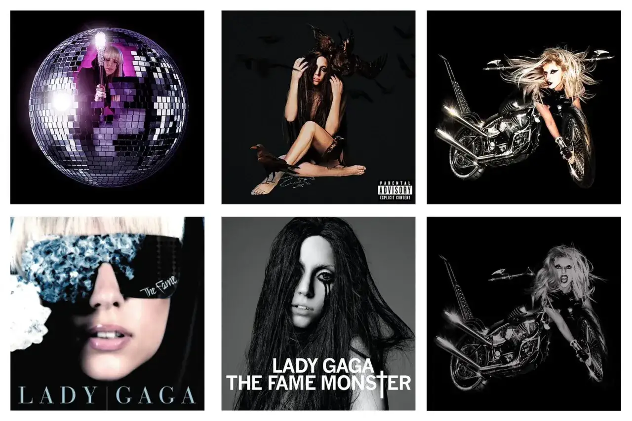 Collage de portadas de &aacute;lbumes de Lady Gaga: The Fame, The Fame Monster, Born This Way y m&aacute;s.