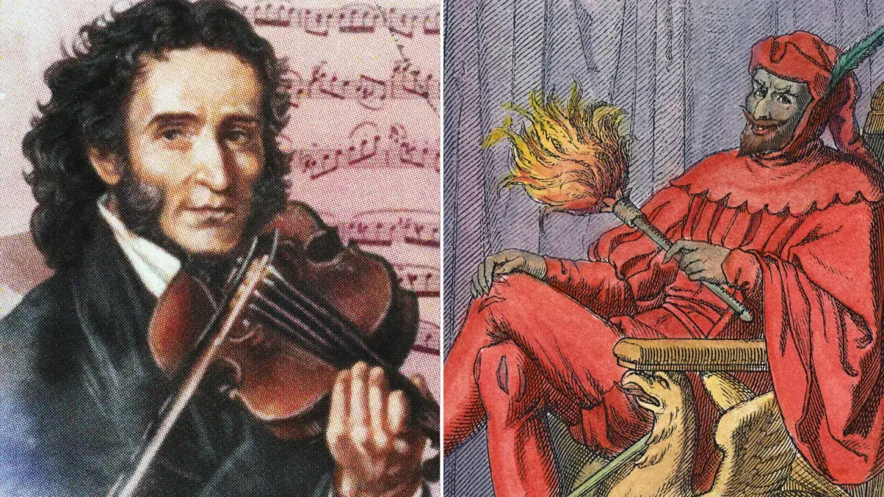 El legendario violinista Paganini, con su viol&iacute;n, junto a una figura demon&iacute;aca con un penacho de fuego.