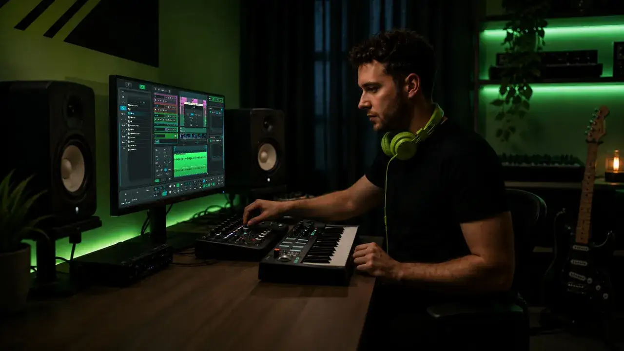Joven en estudio de m&uacute;sica, rodeado de equipos, aprendiendo producci&oacute;n musical gratis.
