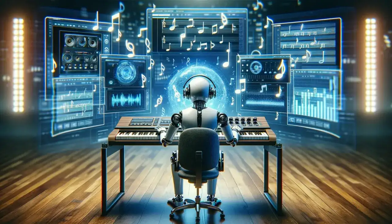 Robot con auriculares compone música en un teclado, rodeado de pantallas con partituras y ondas sonoras. Ideal para un blog sobre música.