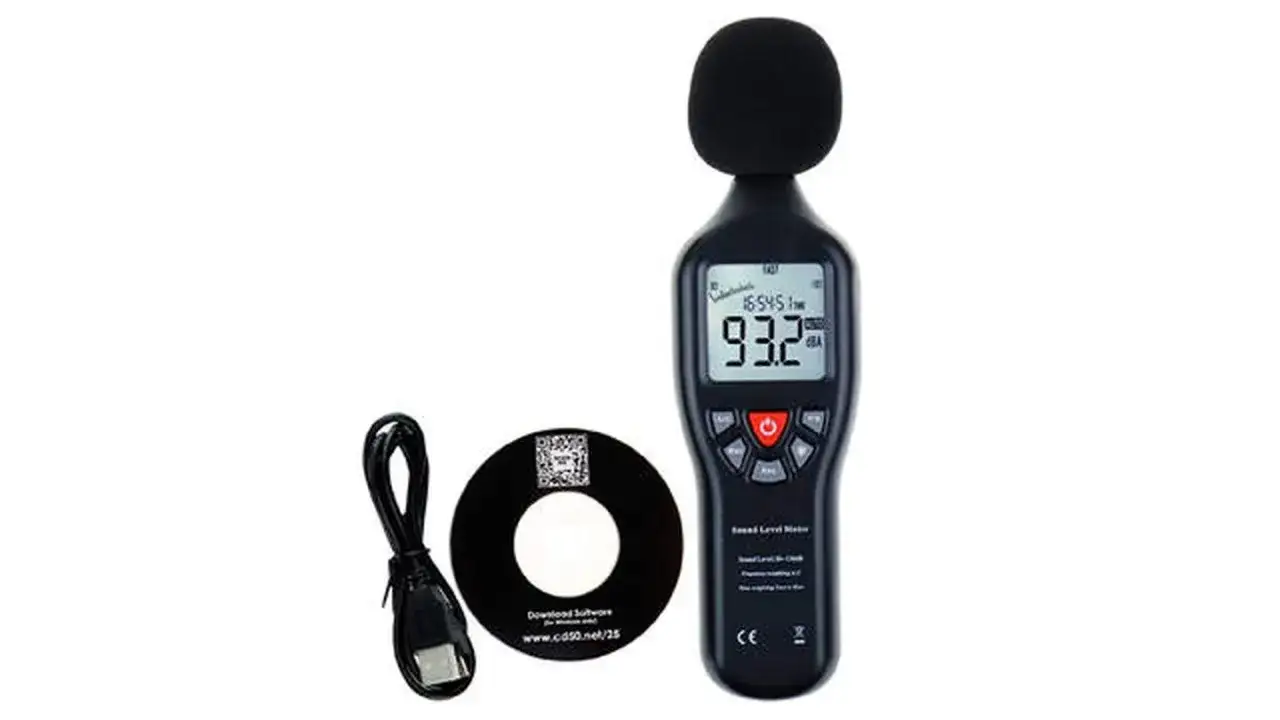 Medidor de nivel de sonido, con pantalla digital que muestra 93.2 dBA. Incluye CD y cable USB. Así se miden los decibelios.
