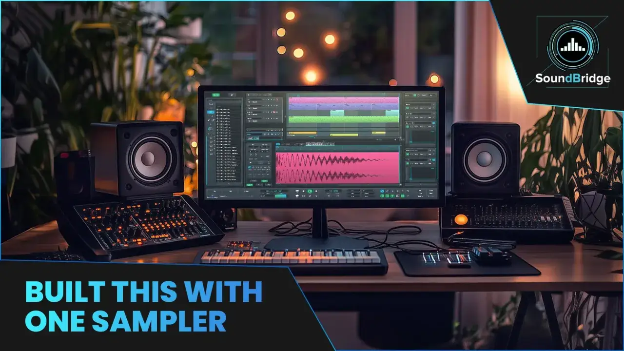 Estudio de m&uacute;sica con monitor mostrando software de producci&oacute;n, altavoces, teclado y mesa de mezclas. &iexcl;Todo creado con un sampler!