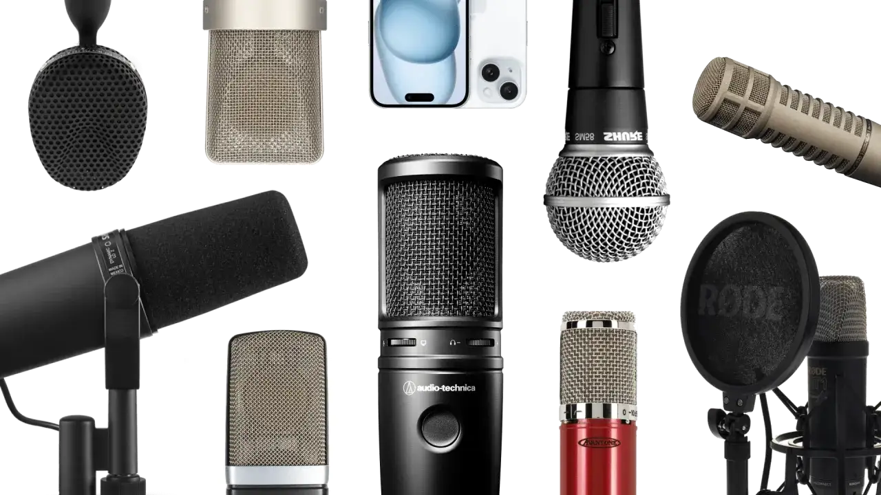 Colecci&oacute;n de micr&oacute;fonos de estudio y para podcast, incluyendo el que podr&iacute;a ser el micr&oacute;fono m&aacute;s caro del mundo.
