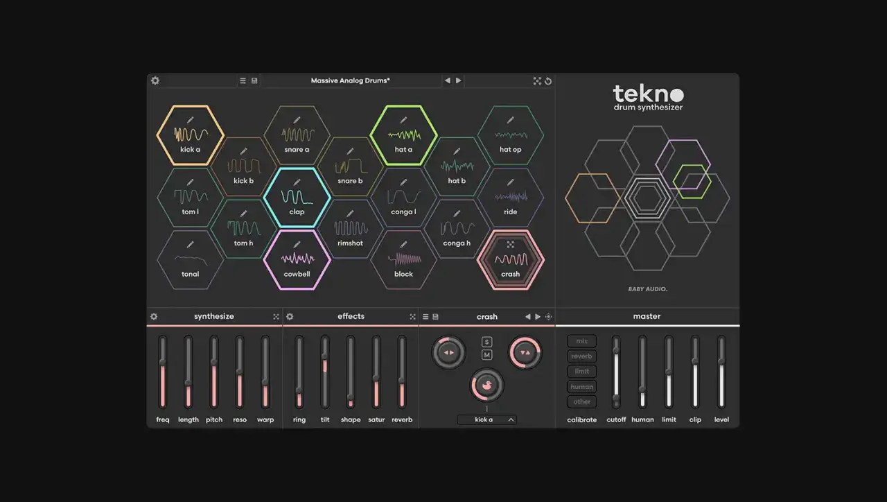 Interfaz de software para produccion electronica, con pads hexagonales para sonidos de bateria y controles deslizantes.