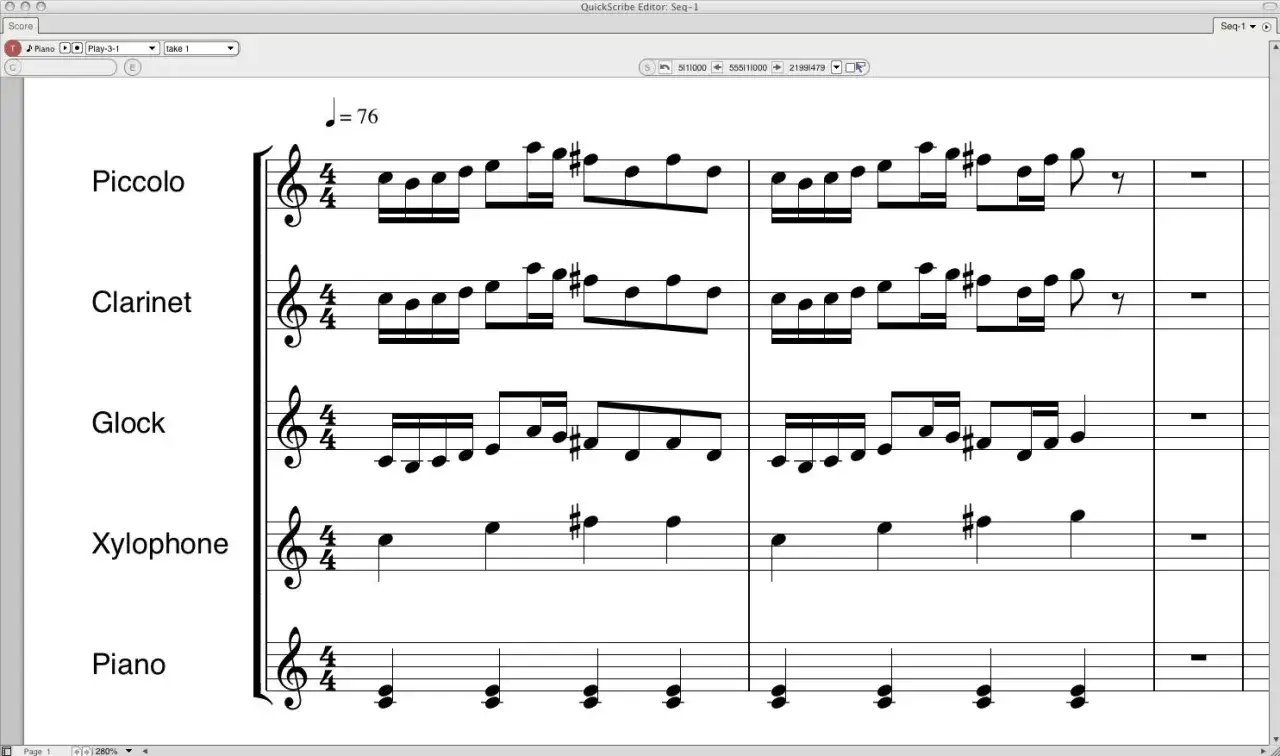 Partitura para piccolo, clarinete, glockenspiel y piano. La m&uacute;sica incidental, como esta, acompa&ntilde;a la acci&oacute;n.